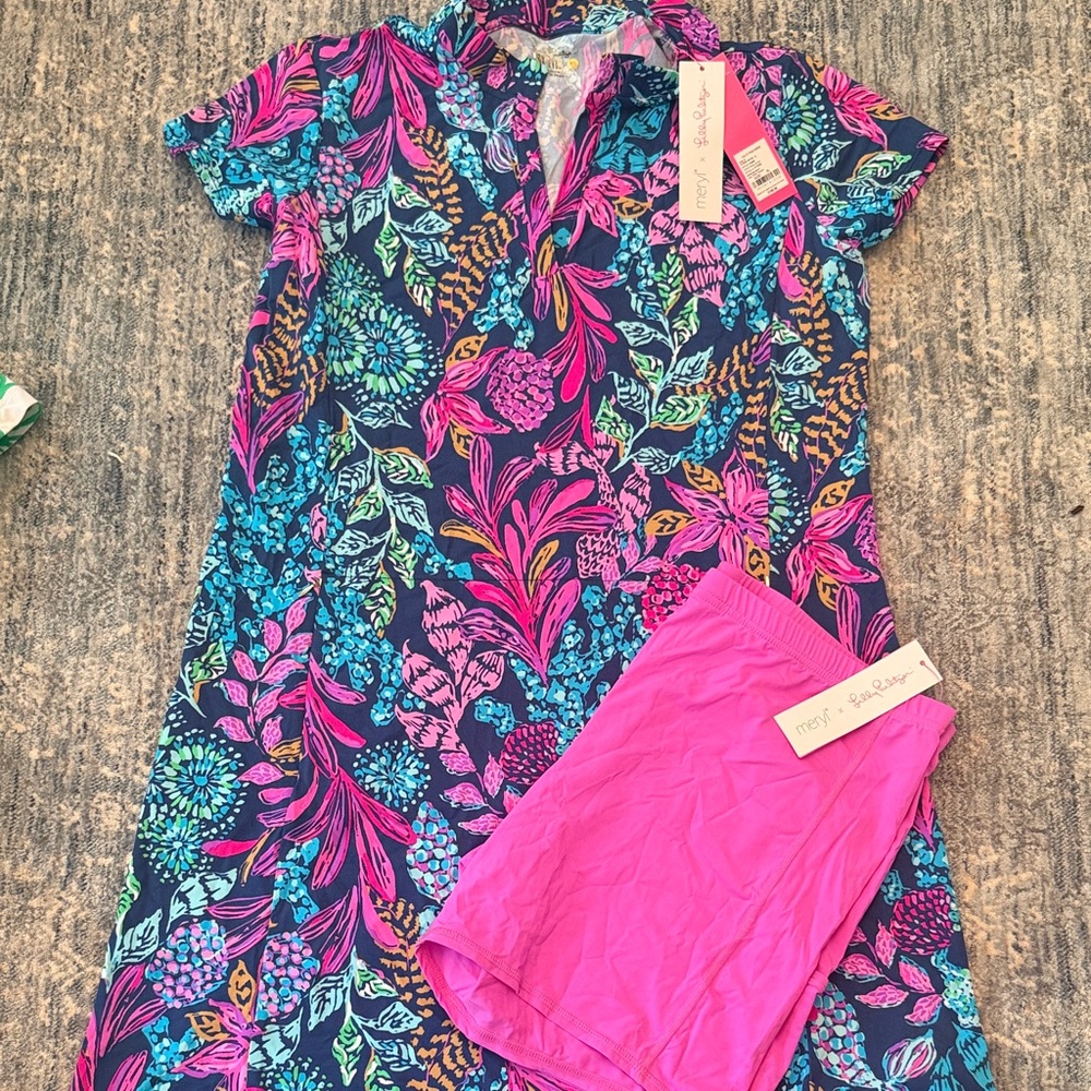 Lilly Pulitzer Navy Floral Short-Sleeve Dress with Hot Pink Shorts